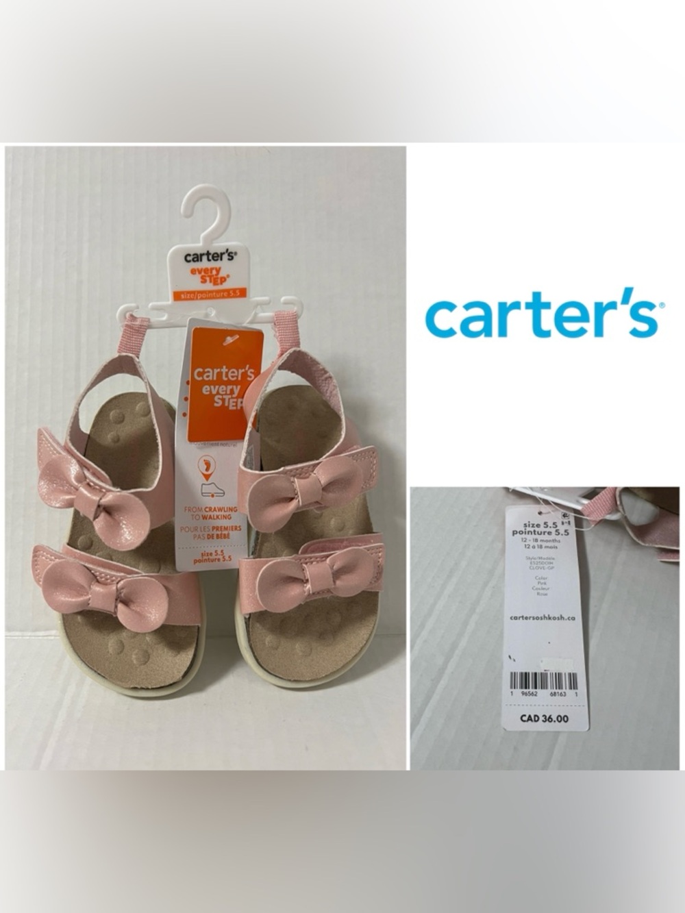 🆕CARTER’S - 5.5 - NWT - BABY EVERY STEP FIRST WALKERS - PINK BOW SANDALS / SHOES